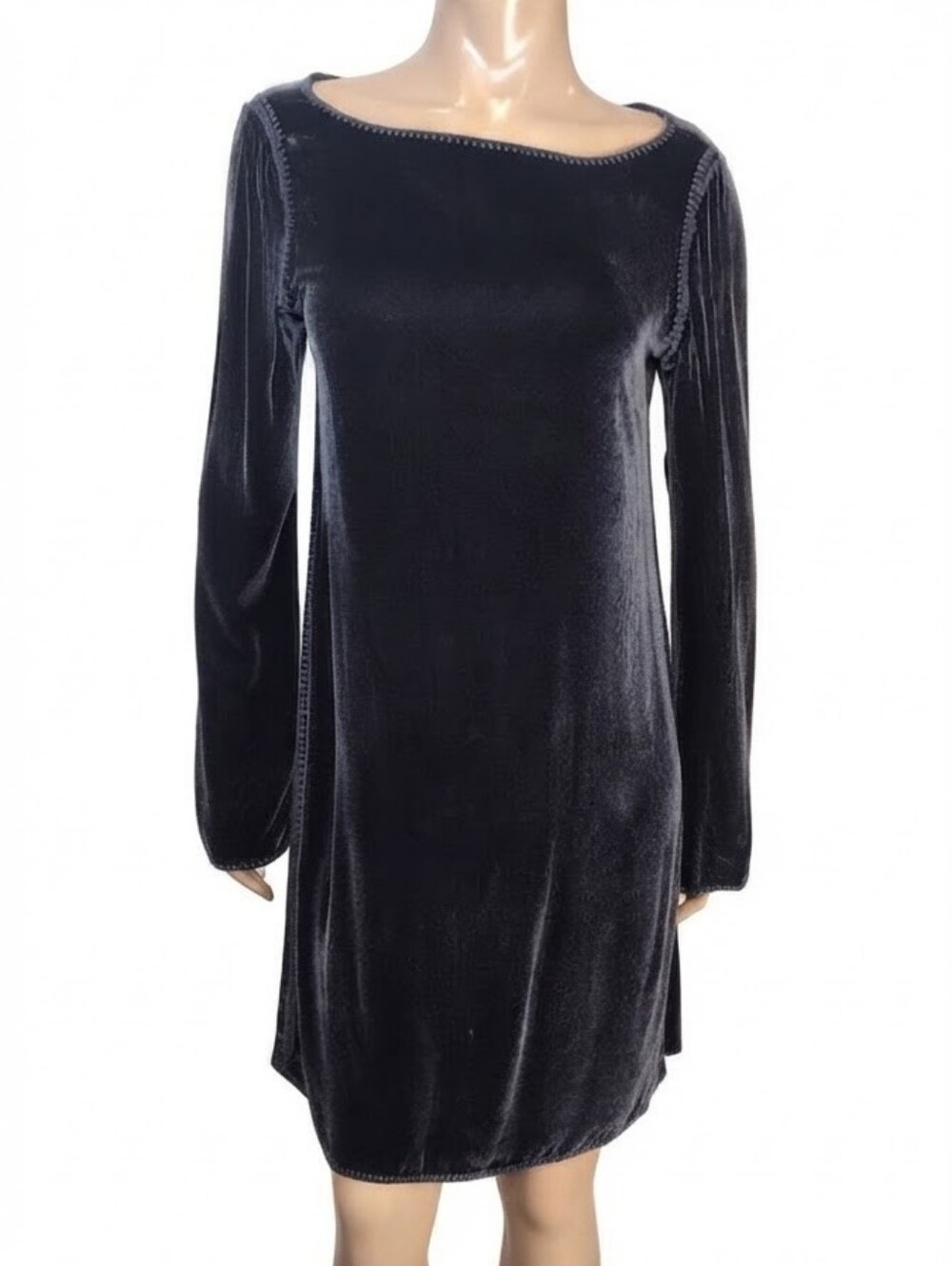 Luxurious Silk Blend Black Velvet Long Sleeve Shift Dress Boat Neck Picot Trim